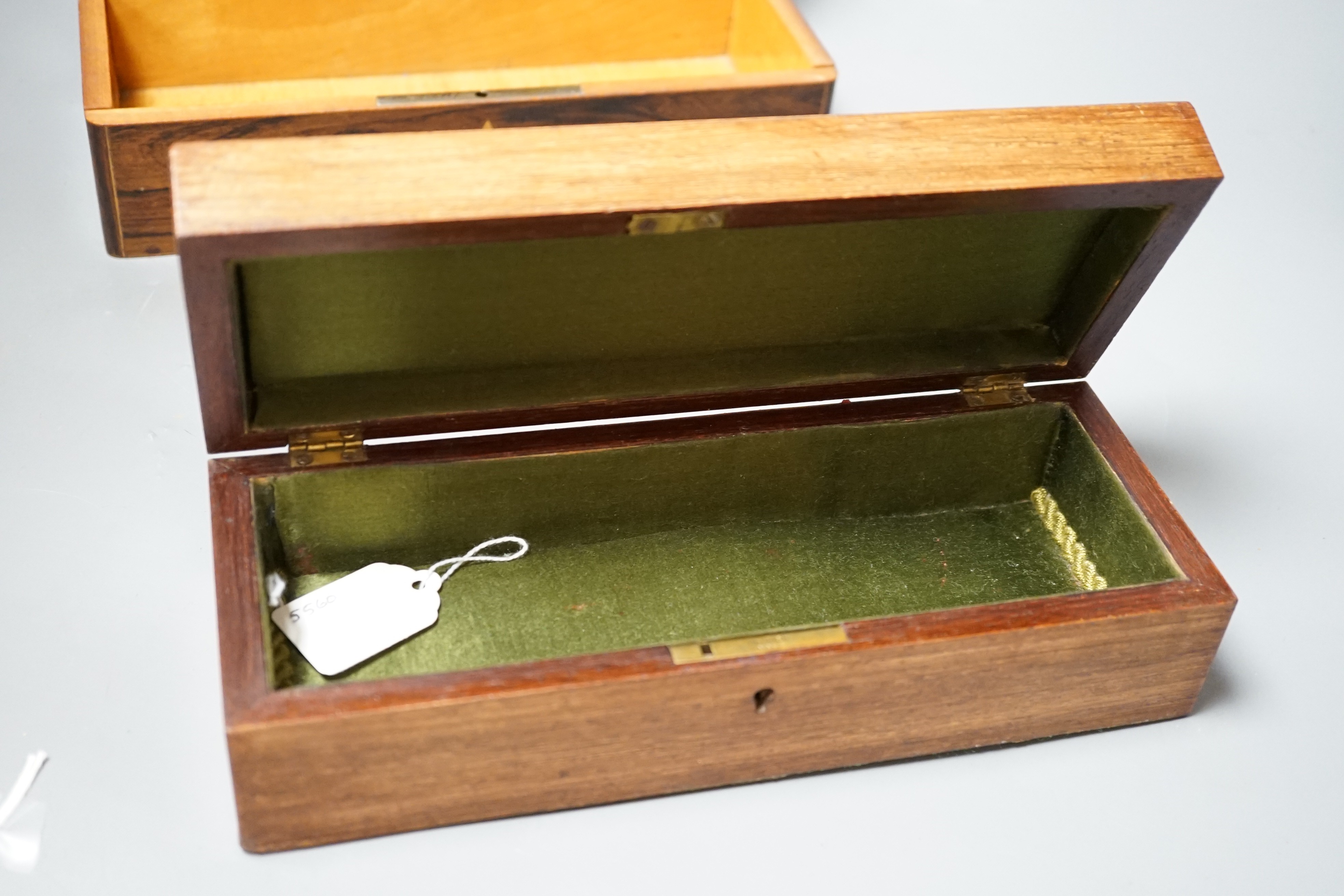 A late 19th century French rosewood 'Gants' box and a Tunbridge ware glove box, widest 26cm